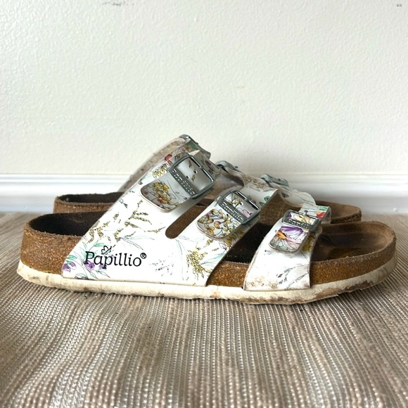 Papillio Birkenstock Boston Clogs W7 M5 White Floral Slip On Shoes Adjust Buckle - Picture 13 of 16